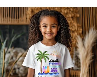 Camiseta infantil personalizada para férias em família 2026 | Estampa de palmeiras e pranchas de surfe