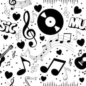 Svartvitt musik sömlöst mönster PNG, digitalt papper med musiknoter, retro vinylskiva mönster, sublimeringsdesign för musikälskare