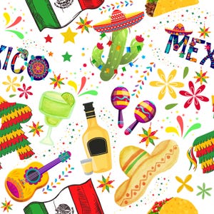 May include: A festive, seamless pattern featuring Mexican cultural elements. Includes a cactus with a sombrero, maracas, a margarita, a guitar, a bottle of tequila, a taco, and the Mexican flag. Colorful stars and confetti are scattered across a white background.