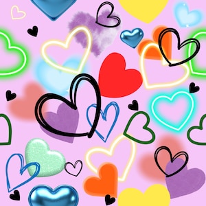 May include: A repeating pattern of hearts in various colors and styles on a pink background. The hearts include solid, outlined, and textured designs in shades of red, blue, green, orange, yellow, and purple. Small black hearts are scattered throughout.