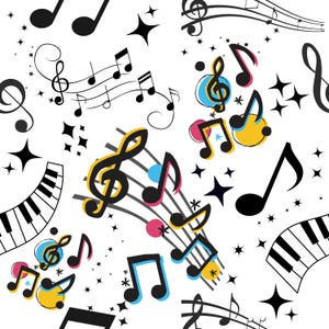 以下が含まれることがあります： 白地に黒、黄色、ピンク、青の音符、ト音記号、ピアノの鍵盤、星の形をあしらったシームレスパターン。さまざまな音楽記号がデザインされており、活気があり遊び心のある美学を作り出しています。