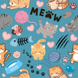 May include: A whimsical pattern featuring cartoon cats, pink hearts, yarn balls, and paw prints on a blue background. The word "MEOW" is prominently displayed. Other elements include a fish skeleton, a blue bowl with the word "kitty", and a small blue bird.