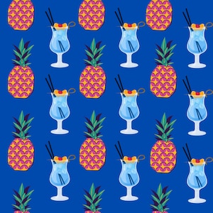 May include: Seamless pattern of tropical cocktails and pineapples on a blue background. The cocktails are light blue with a cherry and straw, and the pineapples are yellow and pink.