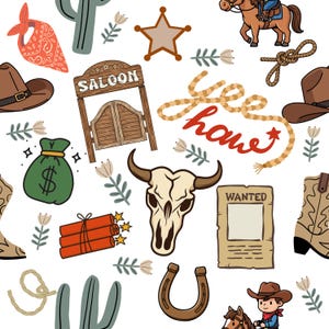 May include: A repeating pattern of cowboy-themed illustrations on a white background. The design includes a saloon door, cowboy hats, a bull skull, a wanted poster, a money bag, dynamite, a horseshoe, and the words "Yee Haw".