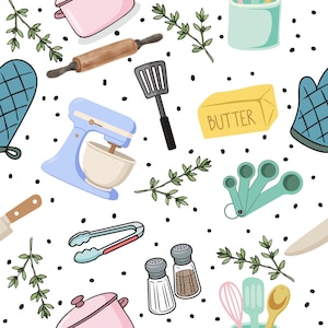 May include: A seamless pattern featuring various kitchen tools and ingredients on a white background with black polka dots. Includes a stand mixer, rolling pin, butter, measuring spoons, and herbs. The word "BUTTER" is visible on the butter.