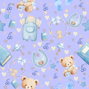 May include: A repeating pattern of baby-themed illustrations on a lavender background. The design includes blue bibs, books, stars, teddy bears, cherries, and baby overalls. The illustrations are in a watercolor style.