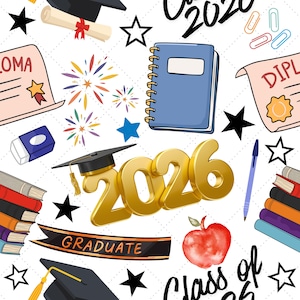 May include: A repeating pattern with graduation-themed elements. It features a golden "2026" numeral, mortarboards, diplomas, books, stars, a blue notebook, and an apple. The word "GRADUATE" is on a black ribbon. The background is white.