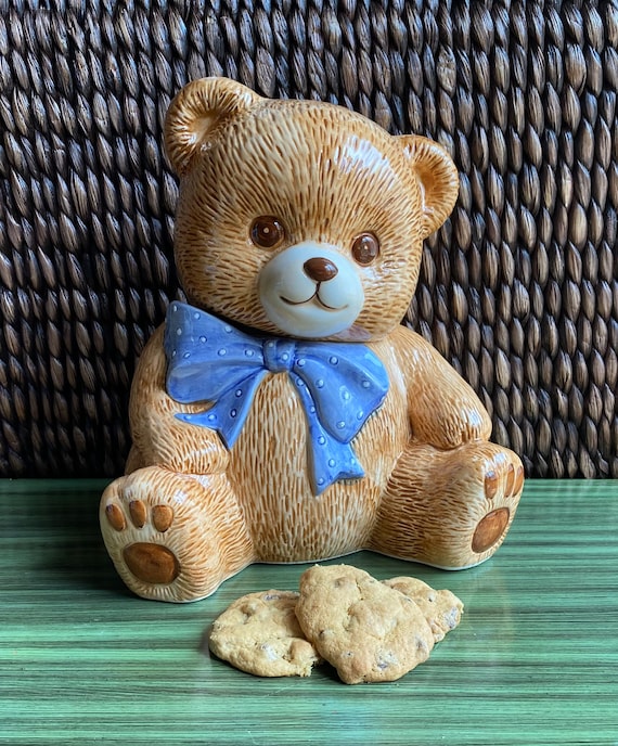 Vintage Teddy Bear Cookie Jar Canister Theodore Bear With Blue