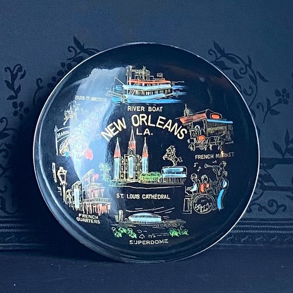 Vintage New Orleans LA State Collectible Souvenir Bowl Featuring St. Louis Cathedral, Superdome, French Market, River Boat, Paris of America