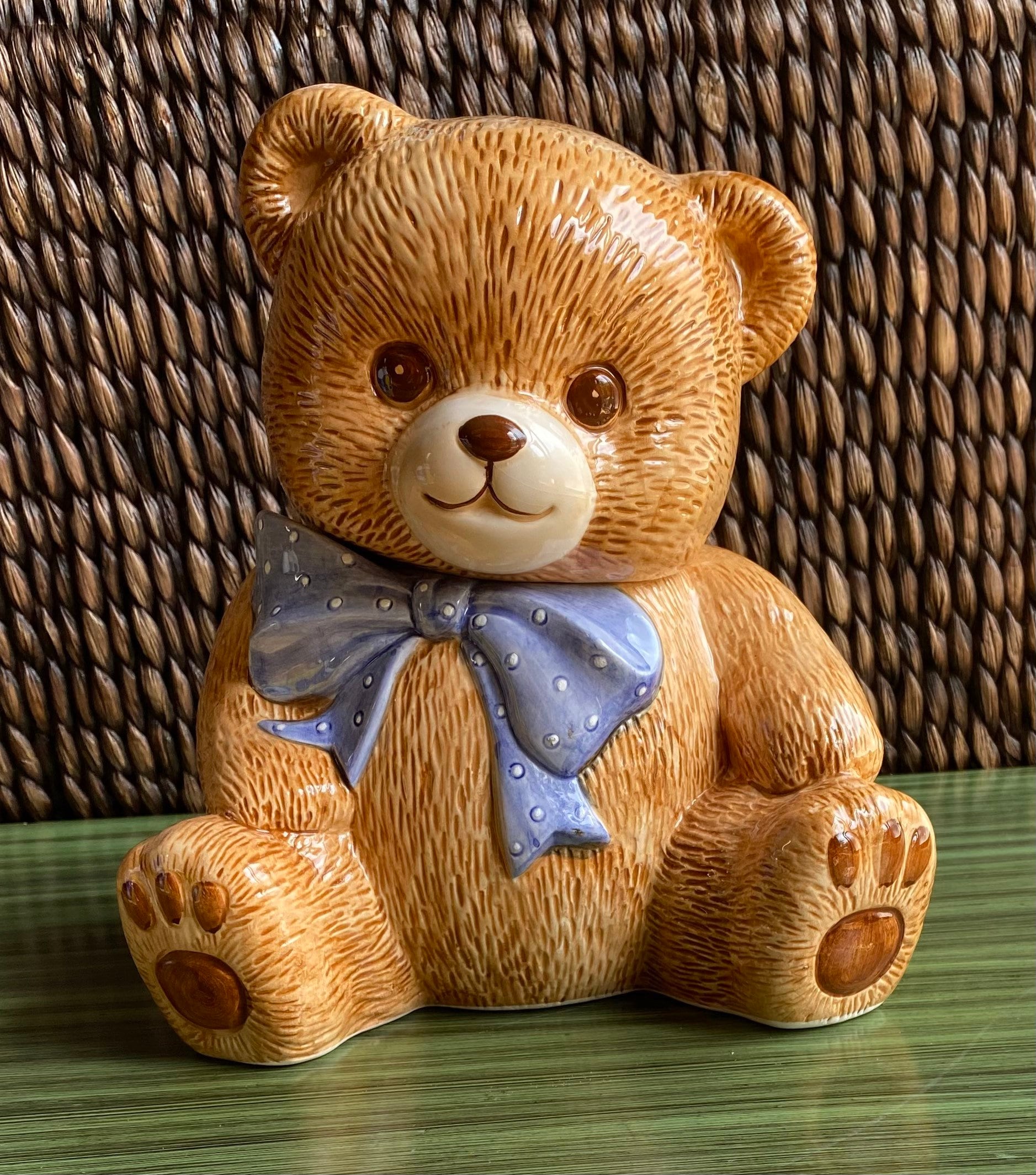 Vintage Teddy Bear Cookie Jar Canister Theodore Bear With Blue