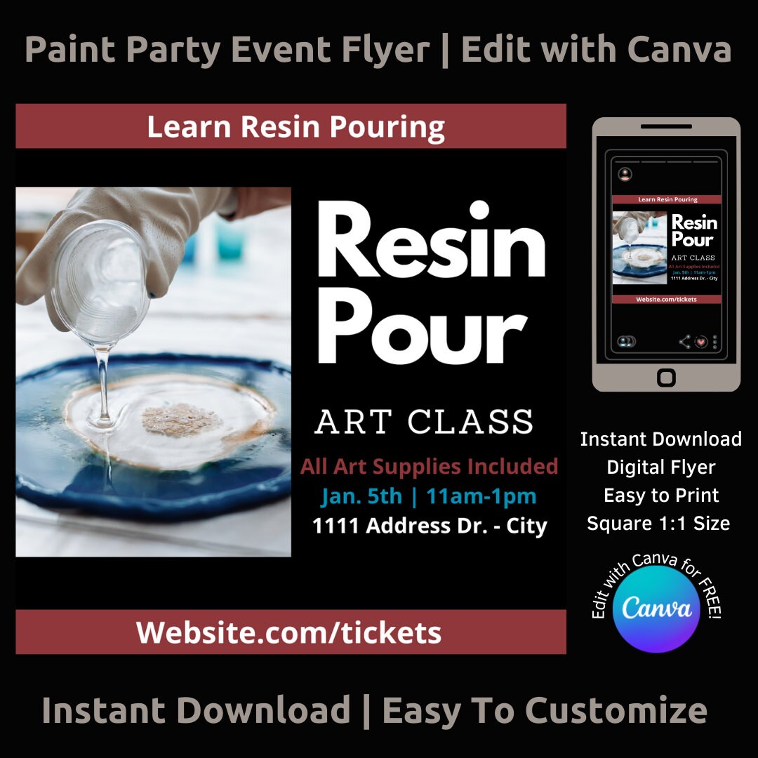 Editable Resin Art Class Flyer Design for Art Instructors, Studios