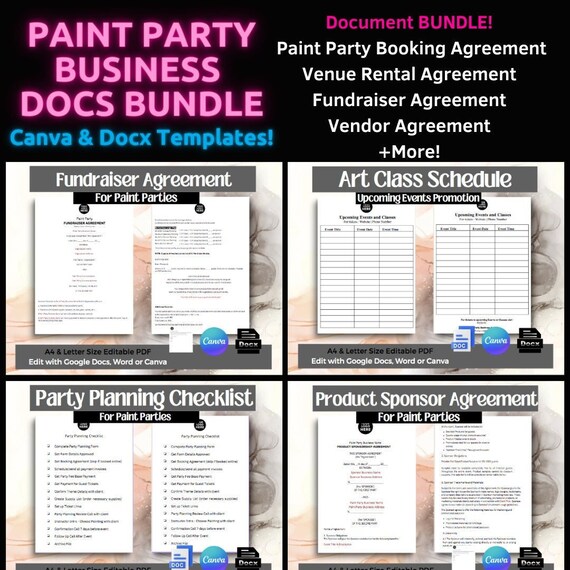 Art Party Business Bundle - Printable Agreements, Forms, Website Terms, Art Venue Rental - edit with Canva , Word Docx , Google Docs