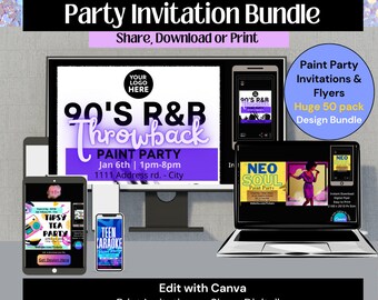 Paint Party Invitation and Flyer Bundle - 50 Paint and Sip Invitations for Kids Art Parties, Adult Sip and Paint Night RSVP Edit with Canva