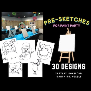 Paint Party DIY Pre-Sketch Bundle for Kids Art Party or Adult Paint and Sip at home. 30 designs for canvas art outline art canvas drawing