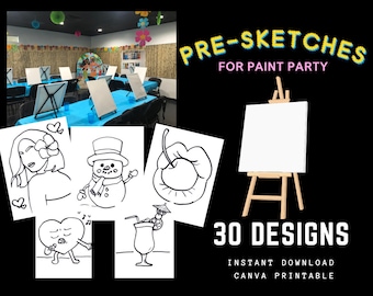 Paint Party DIY Pre-Sketch Bundle for Kids Art Party or Adult Paint and Sip at home. 30 designs for canvas art outline art canvas drawing
