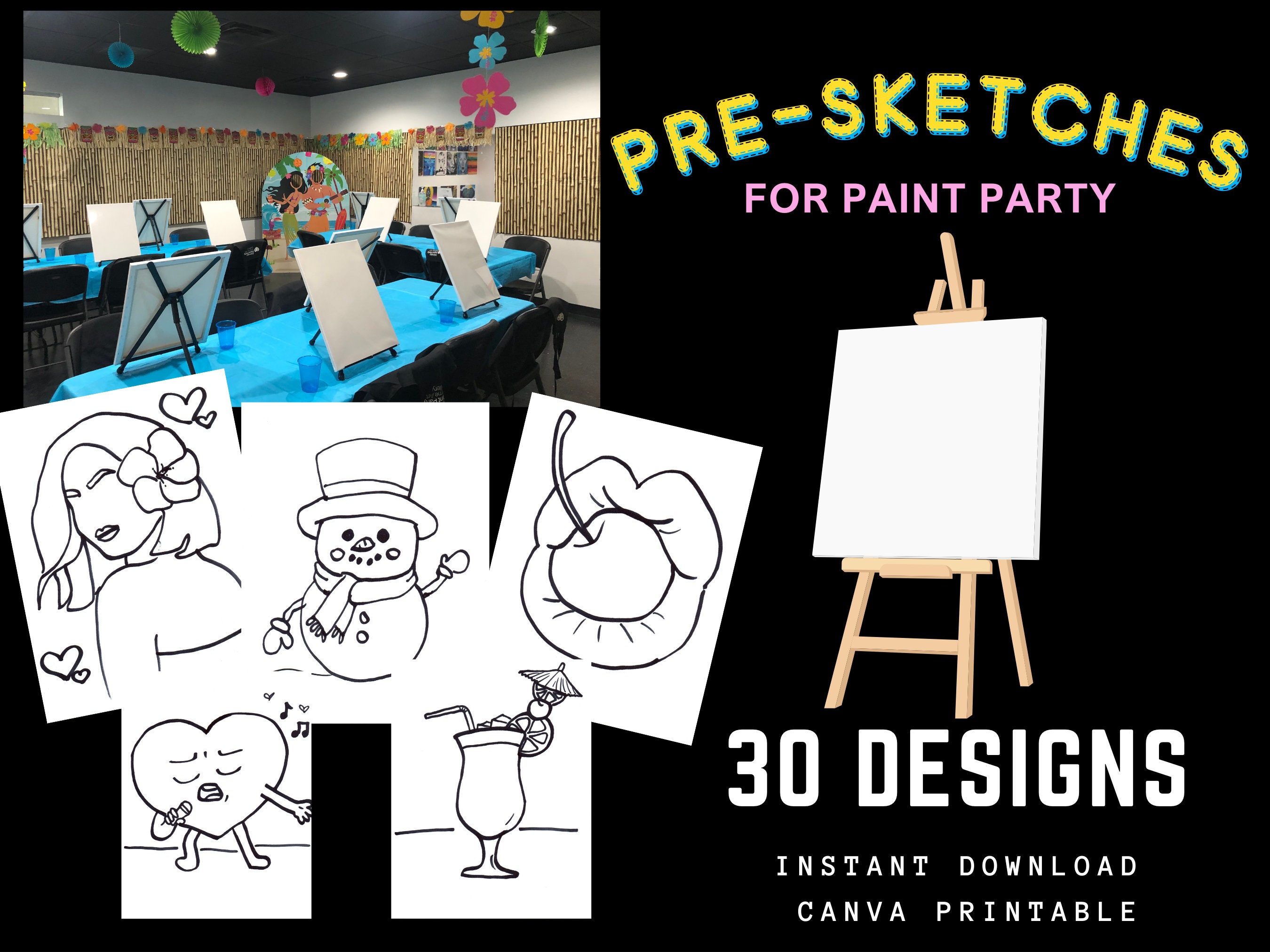 Paint Party DIY Pre-sketch Bundle for Kids Art Party or Adult Paint and ...