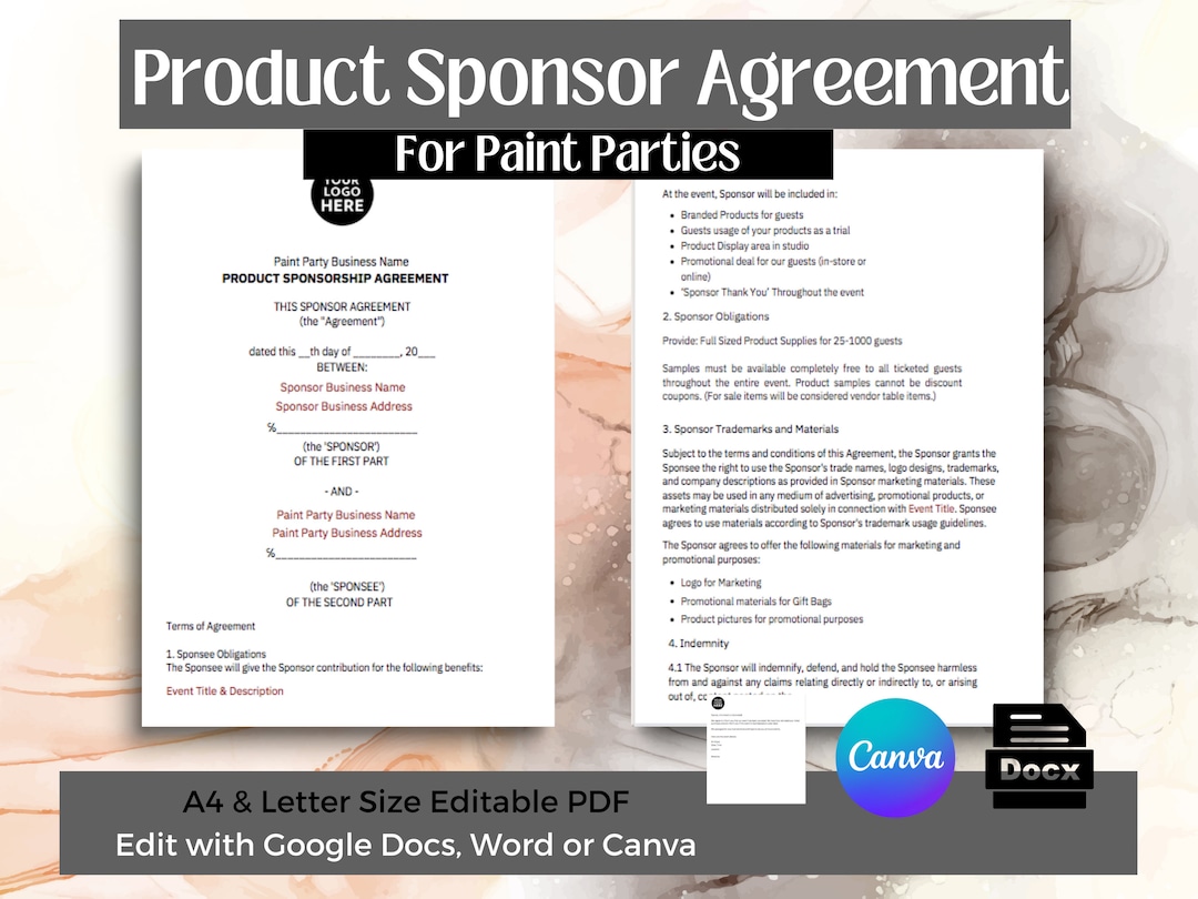 Paint Party Product Sponsor Agreement Edit With Canva , Word Docx