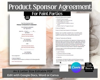 Paint Party Product Sponsor Agreement edit with Canva , Word Docx , Google Docs Business funding inkind corporate product sponsor