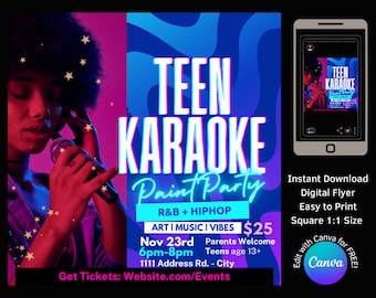 Teen Karaoke Party Invitation -Edit with Canva Paint Teen Birthday party printable rsvp digital flyer for download or print teen art party