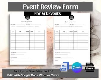 event planner business cards Event Review Form digital download template for art paint party planning sample editable with Canva , Word Docx , Google Docs