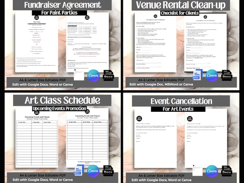 May include: Four printable documents for paint parties, art classes, and venue rentals. The documents include a fundraiser agreement, a venue rental clean-up checklist, an art class schedule, and an event cancellation form. Each document is labelled with "A4 & Letter Size Editable PDF" and "Edit with Google Docs, Word or Canva".