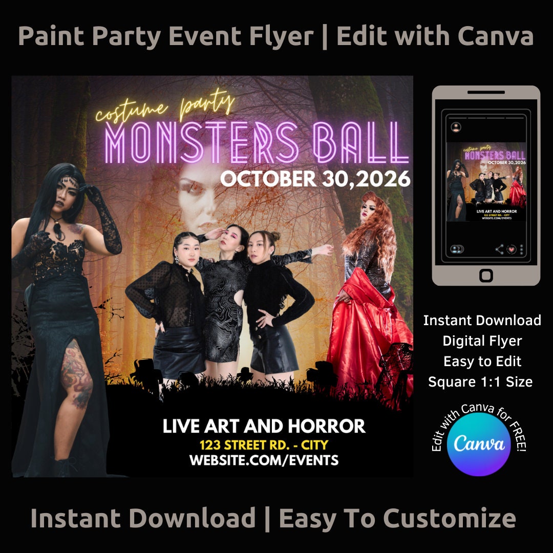 Monsters Ball Halloween Costume Party Flyer: Editable Canva Template ...