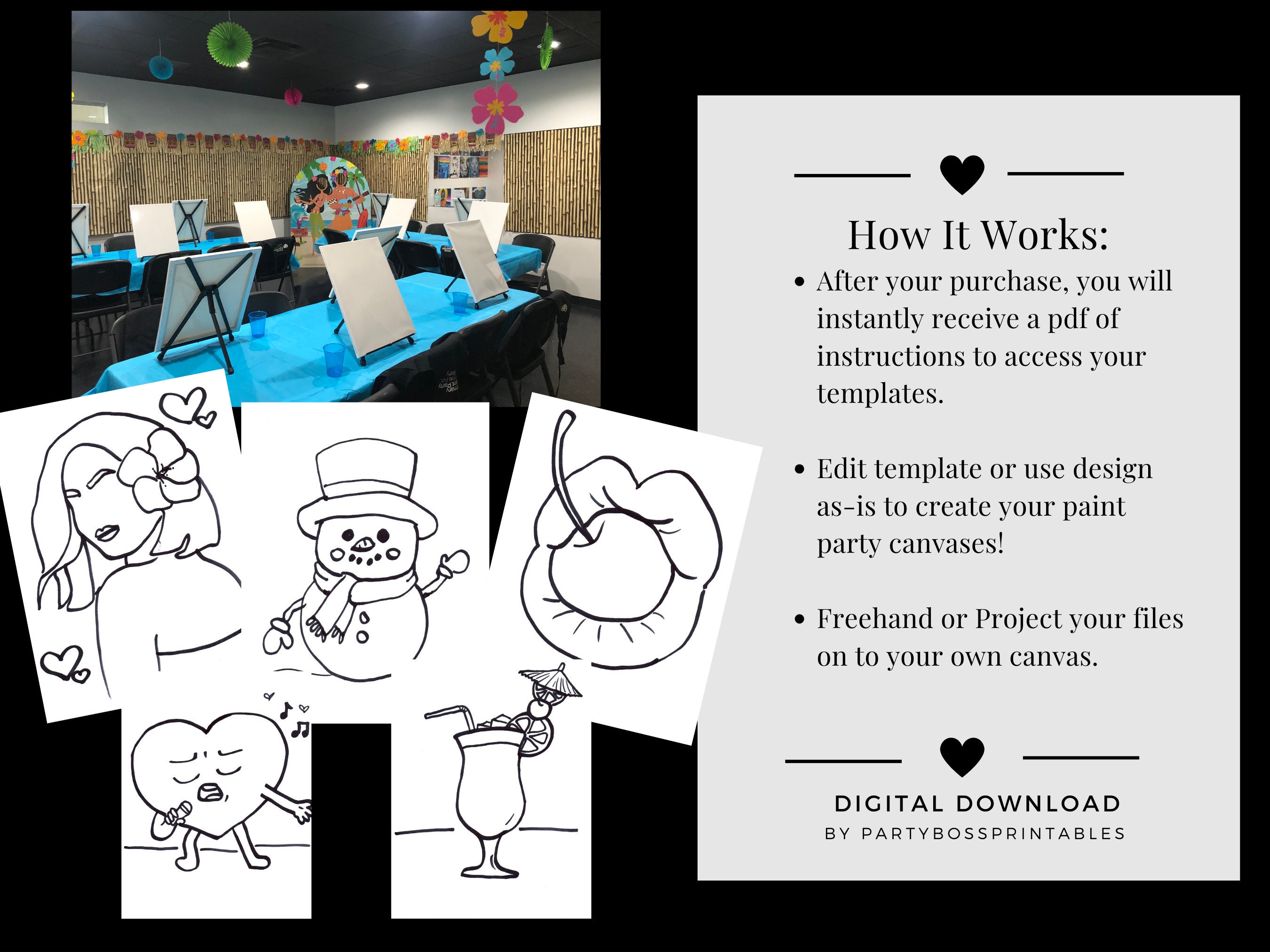 Paint Party DIY Pre-sketch Bundle for Kids Art Party or Adult Paint and ...