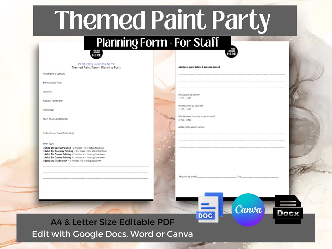 Themed Paint Party Planning Form for Paint and Sip Party Business and