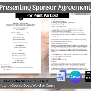 Puede incluir: Una plantilla de acuerdo de patrocinio imprimible para fiestas de pintura. El documento incluye secciones para el patrocinador y el negocio de fiestas de pintura, así como detalles sobre los términos del acuerdo. La plantilla es editable y se puede usar con Google Docs, Word o Canva.