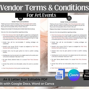 May include: A printable document outlining vendor terms and conditions for art events. The document includes a list of rules and guidelines for vendors participating in events hosted by Paint Party Business Name. The document is editable and can be used with Google Docs, Word, or Canva.