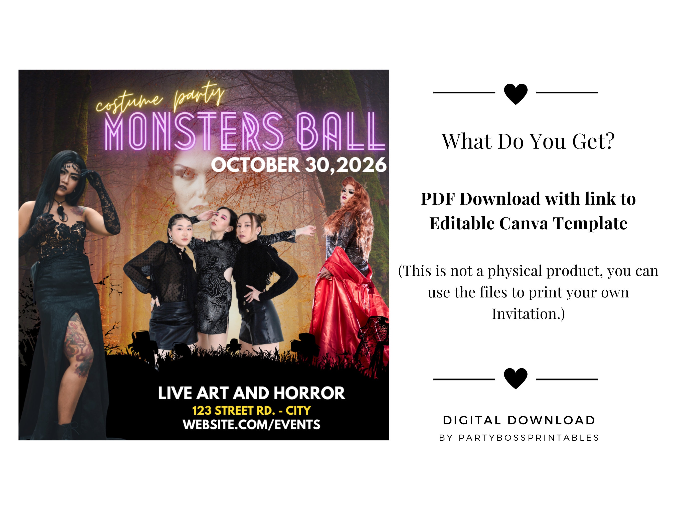 Monsters Ball Halloween Costume Party Flyer: Editable Canva Template ...