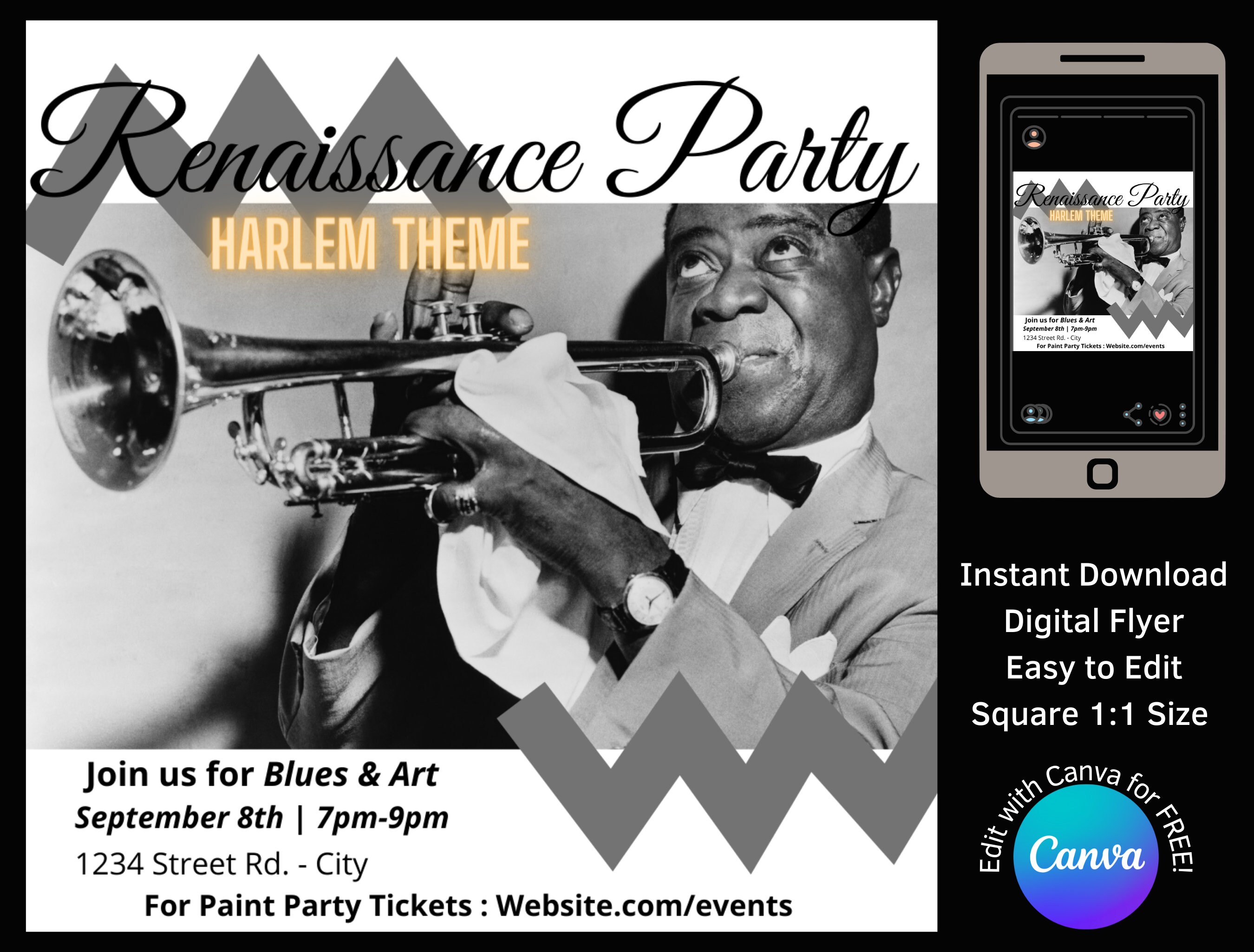 Harlem Renaissance Party Theme Template Editable 11 Square Design for