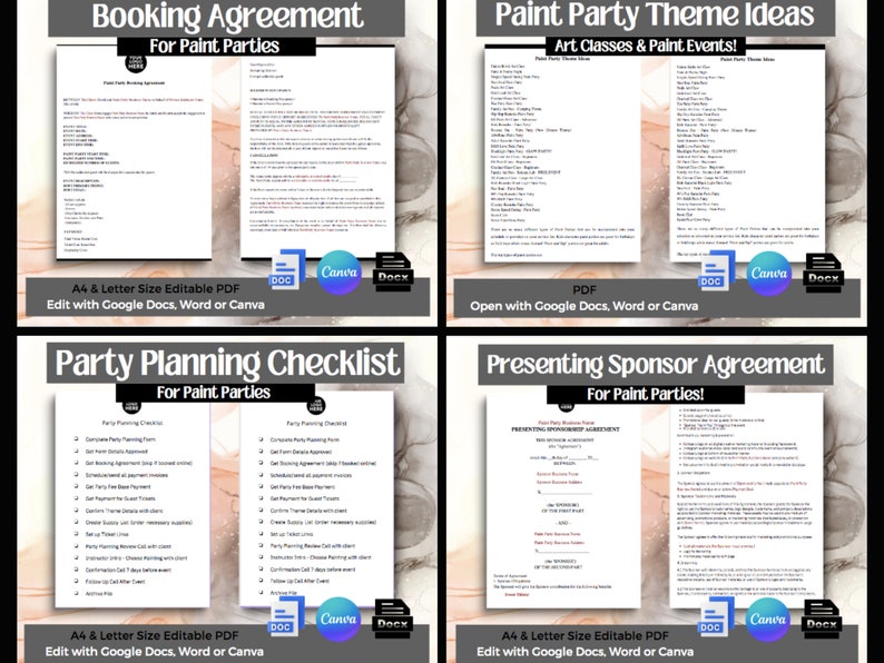May include: A set of four printable documents for paint parties. The documents include a booking agreement, party planning checklist, presenting sponsor agreement, and paint party theme ideas. The documents are editable and can be opened in Google Docs, Word, or Canva.