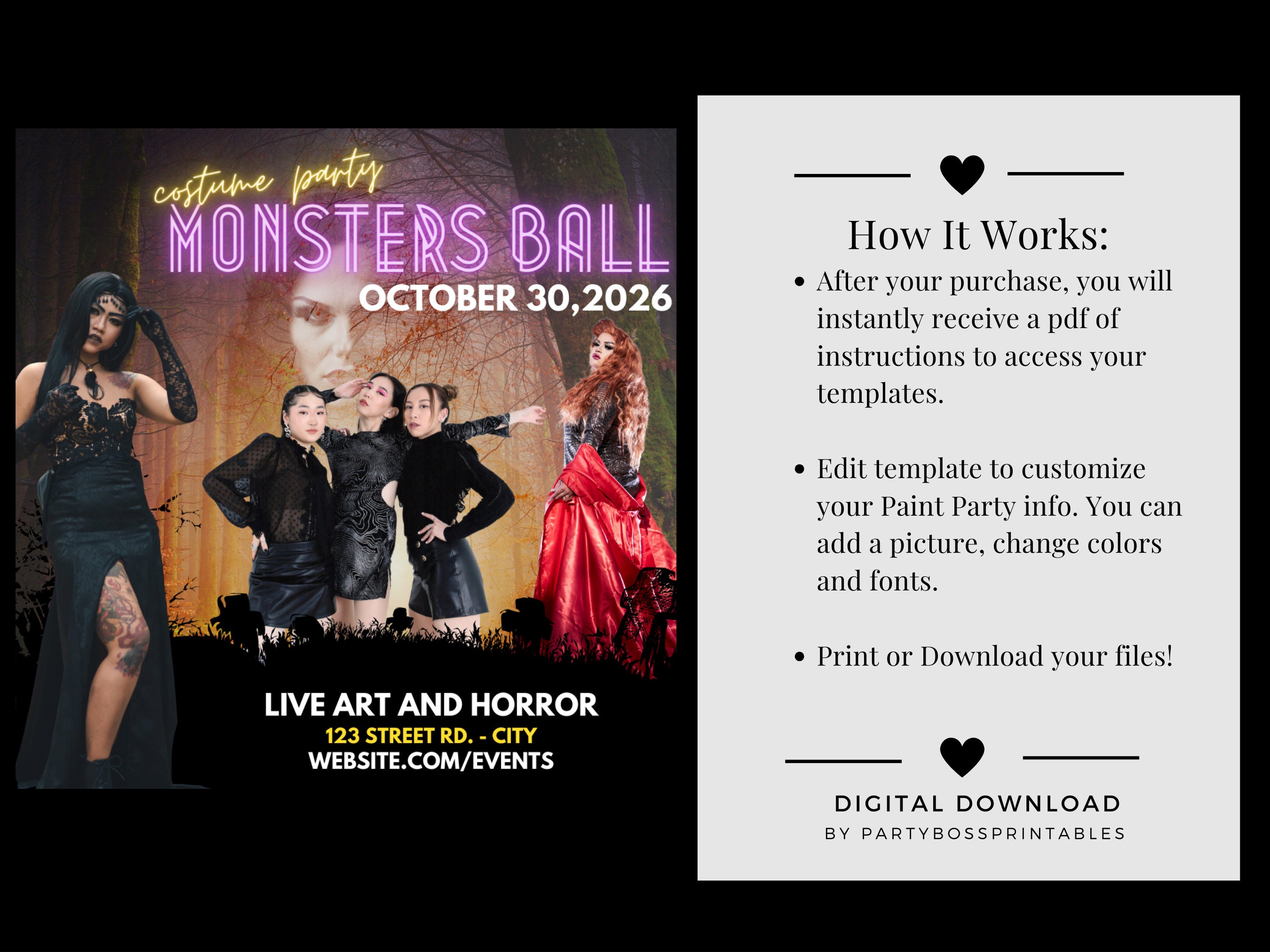 Monsters Ball Halloween Costume Party Flyer: Editable Canva Template ...