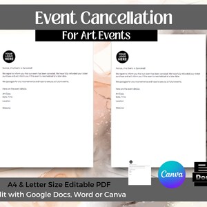 Könnte beinhalten: Eine druckbare Vorlage für eine Veranstaltungsabsage für Kunstveranstaltungen. Die Vorlage ist editierbar und kann mit Google Docs, Word oder Canva verwendet werden. Die Vorlage bietet Platz für ein Logo, die Veranstaltungsdetails und eine Nachricht an die Teilnehmer.