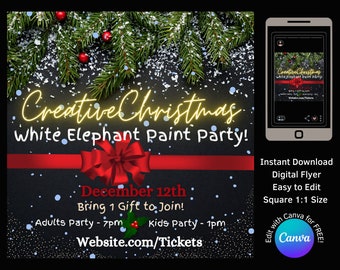 White Elephant Party Theme Template | Editable 1:1 Square Design for Canva | Art Instructor Studio Paint Party Promo Paint & Sip