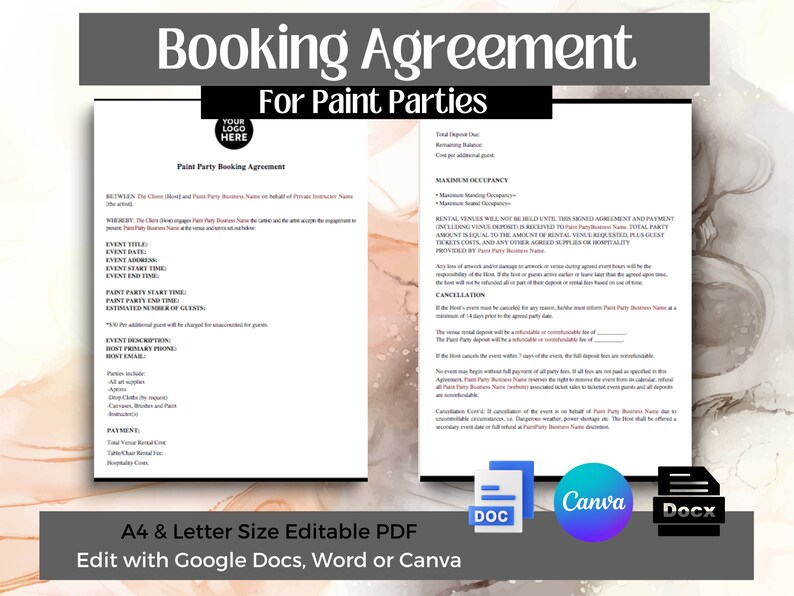 Paint Party Booking Agreement Paint and Sip Contract for Private Paint Party Art Class editable with Canva , Word Docx , Google Docs image 1