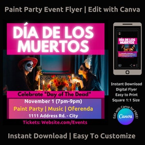 Réponse de fête de peinture pour le jour des morts - édition avec Canva - Flyer numérique imprimable d'invitation à un cours d'art Dia de los muertos pour les cours d'atelier d'art