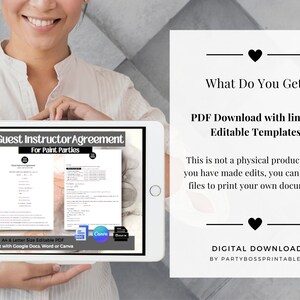 May include: A digital download of a printable guest instructor agreement for paint parties. The agreement is editable in Google Docs, Word, or Canva. The text on the screen reads "Guest Instructor Agreement for Paint Parties".