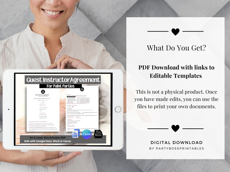 May include: A digital download of a printable guest instructor agreement for paint parties. The agreement is editable in Google Docs, Word, or Canva. The text on the screen reads "Guest Instructor Agreement for Paint Parties".