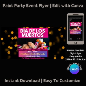 Flyer de fête de peinture modifiable Day of the Dead - Modèle Canva pour les professeurs d'art, les studios d'art et la promotion de la classe d'art Dia De Los Muertos