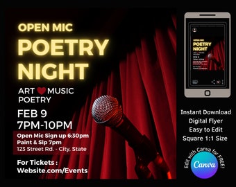 Poetry and Art Open Mic Night Digital Flyer - Canva Template for Art Instructor, Art Studio, and Paint Party. Square Size, Editable Invite