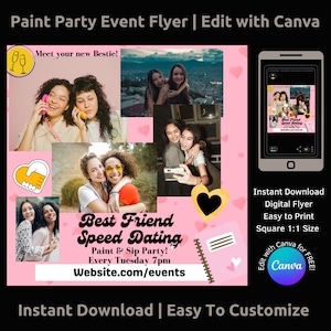 Invitación a una cita rápida para mejores amigas Invitación a una fiesta de pintura RSVP para una noche de chicas Editar con Canva / Programa de clases de arte promocional de Art Instructor