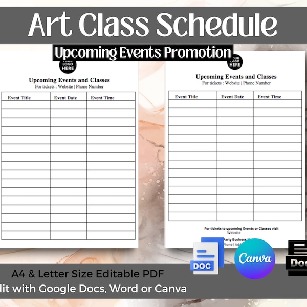 Upcoming Events and Classes Schedule Template Paint and Sip Art Class Schedule printable - editable with Canva , Word Docx , Google Docs