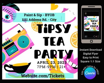 Tipsy Tea Party RSVP Template - canva editable rsvp party invitation template sample digital download Adult Tea Party, Paint and Sip