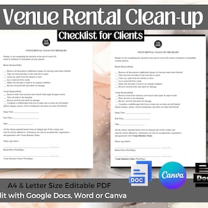 Venue Rental Clean Up Template - Printable Venue Rental Checklist for Client , Art Venues - editable with Canva , Word Docx , Google Docs