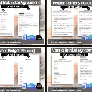 May include: Four printable documents for planning and organising paint parties and art events. The documents include a guest instructor agreement, vendor terms and conditions, event budget planning, and a venue rental agreement. Each document is labelled with "A4 & Letter Size Editable PDF" and "Edit with Google Docs, Word or Canva".