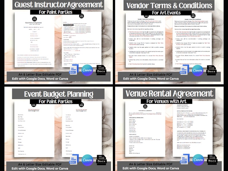May include: Four printable documents for planning and organising paint parties and art events. The documents include a guest instructor agreement, vendor terms and conditions, event budget planning, and a venue rental agreement. Each document is labelled with "A4 & Letter Size Editable PDF" and "Edit with Google Docs, Word or Canva".