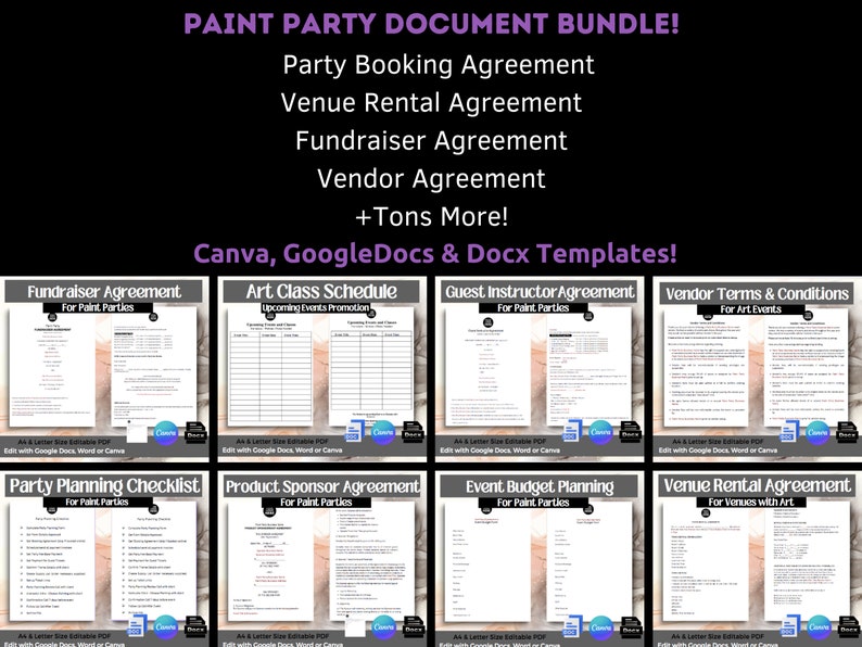 May include: A collection of printable documents for paint parties, including a fundraiser agreement, guest instructor agreement, vendor terms and conditions, party planning checklist, product sponsor agreement, event budget planning, and venue rental agreement. The documents are editable in Canva, Google Docs, and Word.