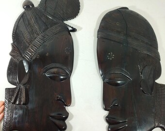 1970s Pair of Ebony Wood Faces / Africa / African Sculpture Statue